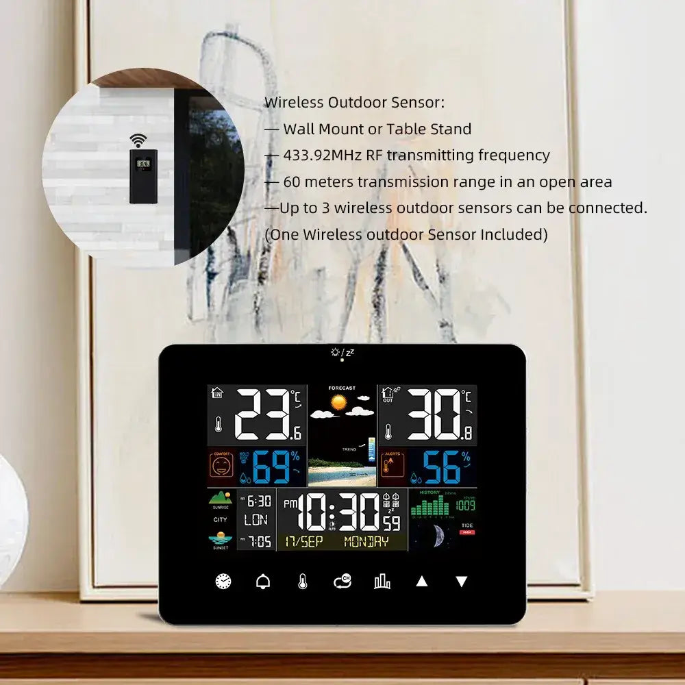 Multifunctional Weather Station Alarm Clock – Touch Screen Thermometer, Hygrometer, Wireless Sensor, Sunrise & Sunset Display