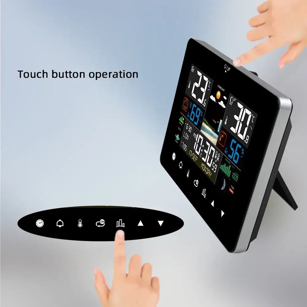 Multifunctional Weather Station Alarm Clock – Touch Screen Thermometer, Hygrometer, Wireless Sensor, Sunrise & Sunset Display