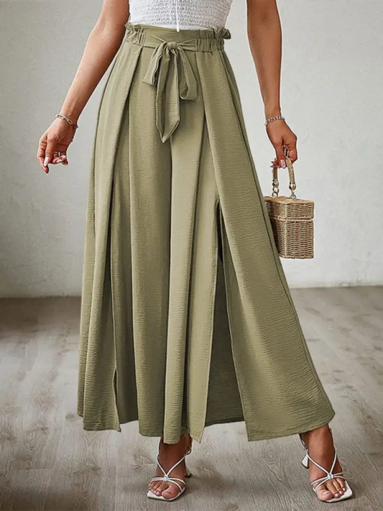 New bow loose high waist pleated wide leg pants with belt pants