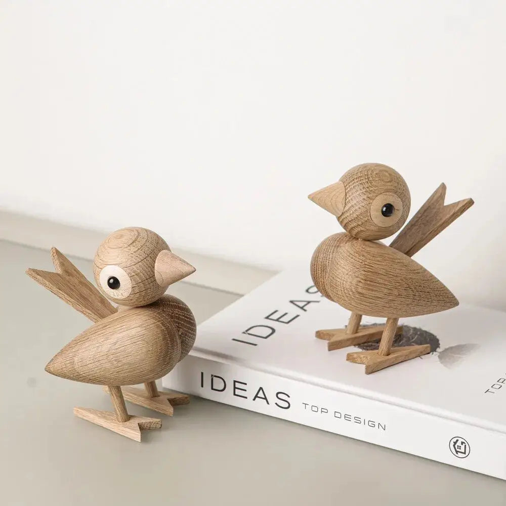 Nordic Style Oak Sparrow Figurine Wooden Dolls Lovely Nature Teak Wood Bird Figures