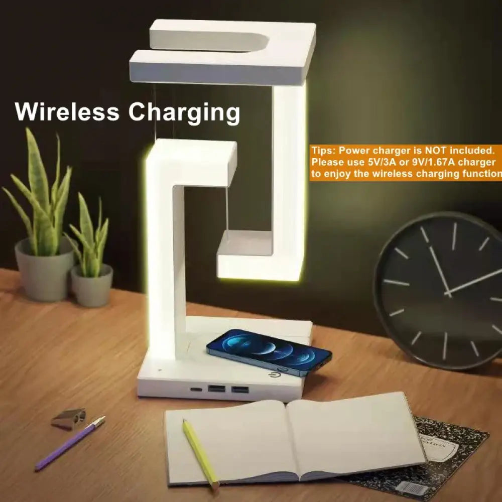 Novelty Floating LED Desk Lamp - Wireless Charger, Dimmable & Touch Control