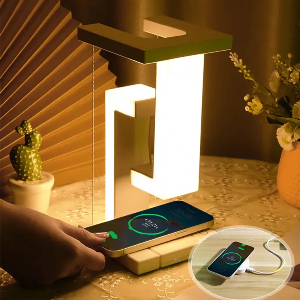 Novelty Floating LED Desk Lamp - Wireless Charger, Dimmable & Touch Control