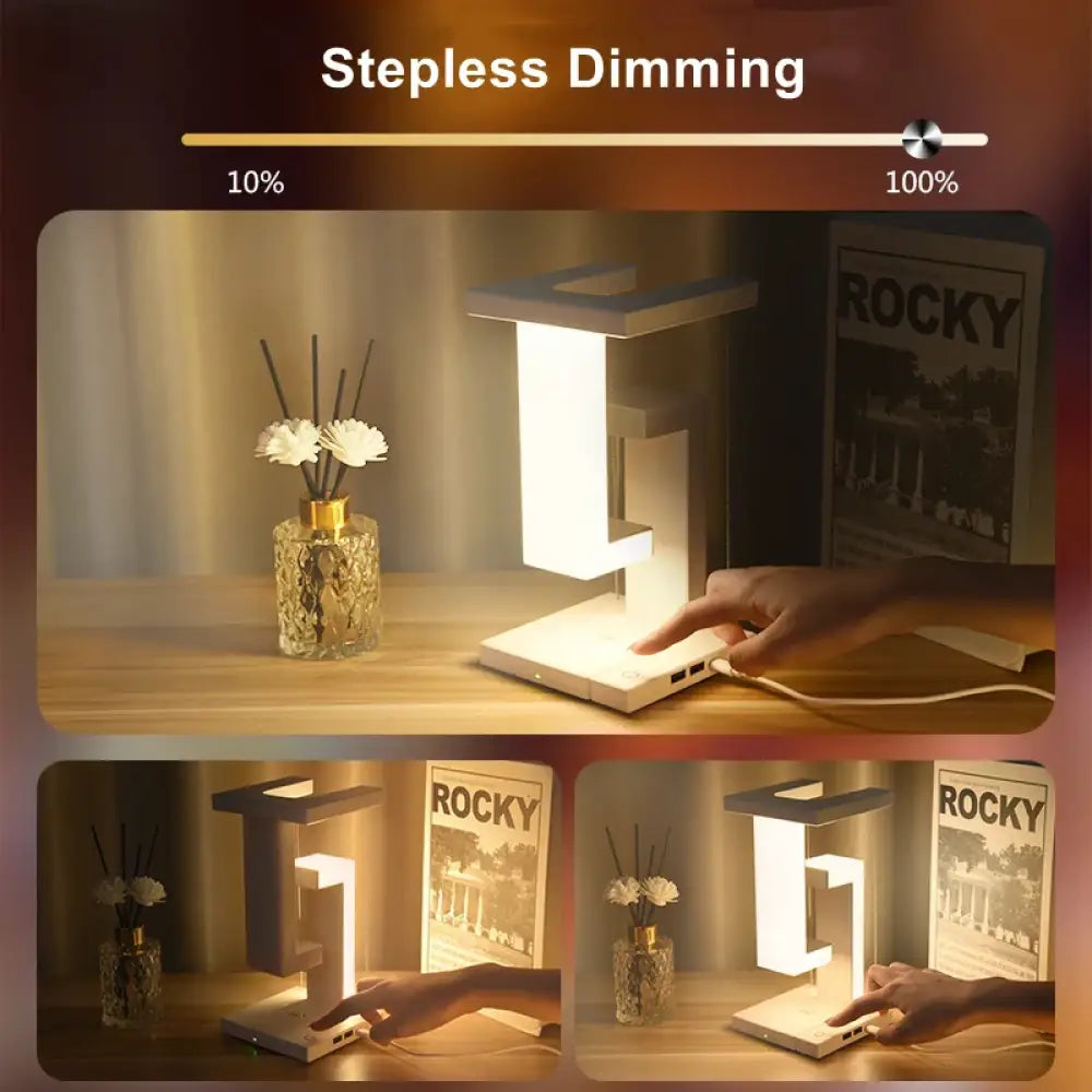 Novelty Floating LED Desk Lamp - Wireless Charger, Dimmable & Touch Control