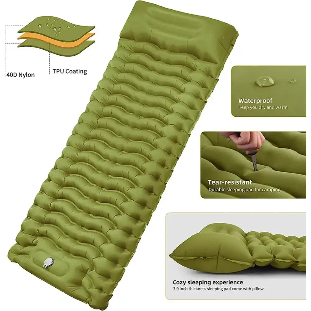 Outdoor Camping Inflatable Mattress with Built-in Pillow & Pump – Thick, Waterproof Sleeping Pad