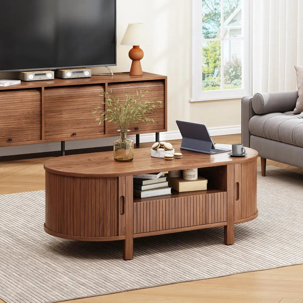 Oval Fluted Coffee Table – Mid-Century Modern, Cabinets & Storage
