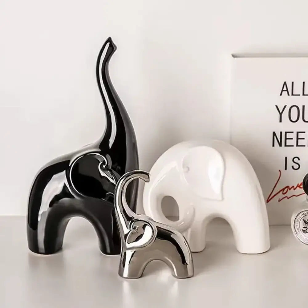 Family of Three Elephants Statue Set - Black & White Decor Ornaments
