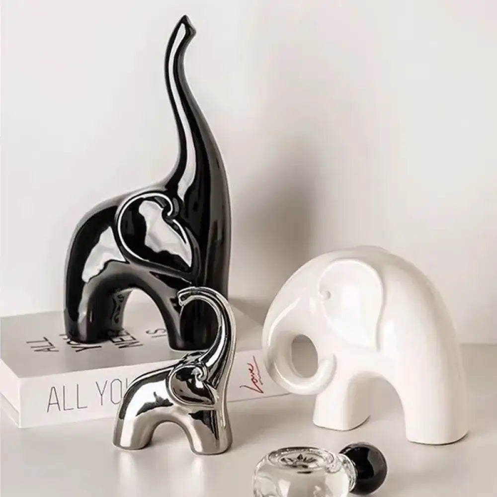 Family of Three Elephants Statue Set - Black & White Decor Ornaments