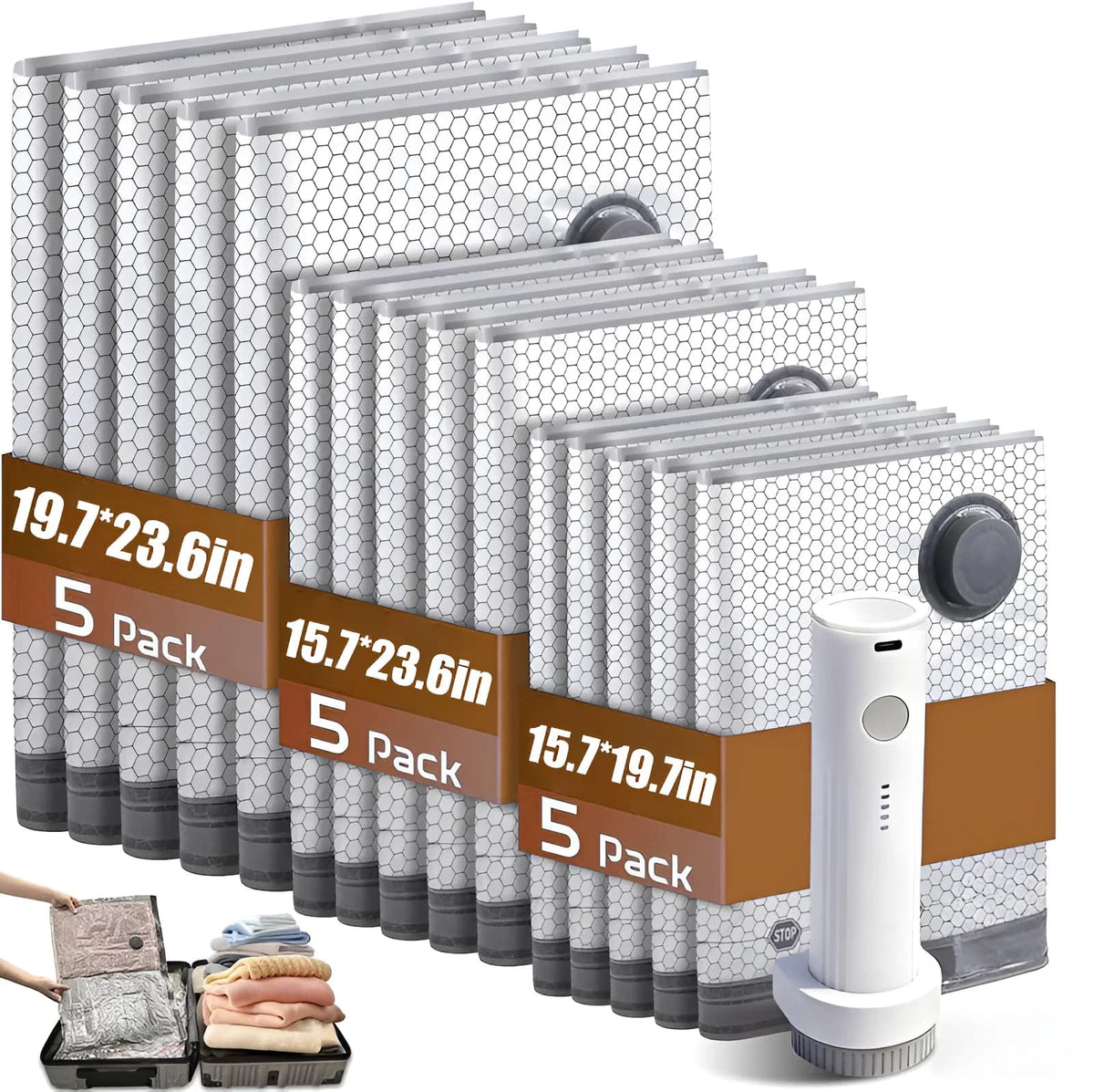 Cordless Compression Travel Vacuum Bag Set-15 Pack