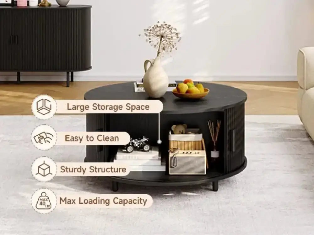 Round Fluted Coffee Table – 360° Sliding Door & Hidden Storage