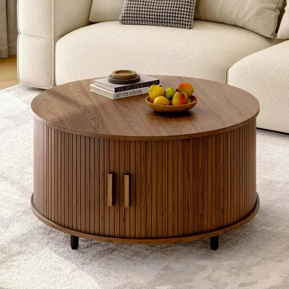 Round Fluted Coffee Table – 360° Sliding Door & Hidden Storage