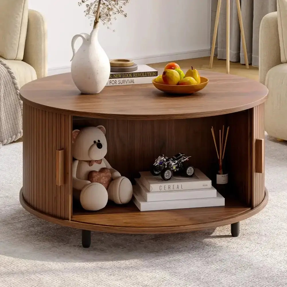 Round Fluted Coffee Table – 360° Sliding Door & Hidden Storage