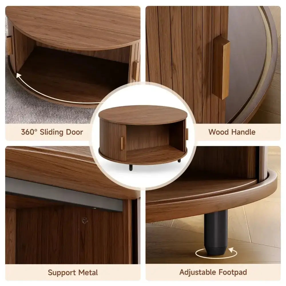 Round Fluted Coffee Table – 360° Sliding Door & Hidden Storage