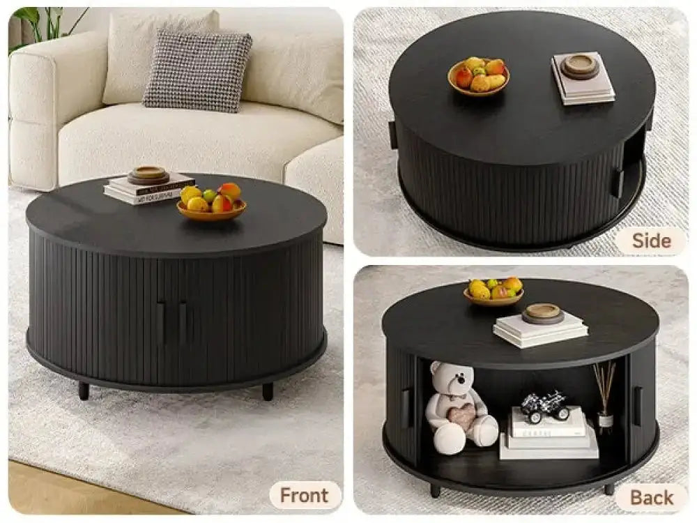 Round Fluted Coffee Table – 360° Sliding Door & Hidden Storage