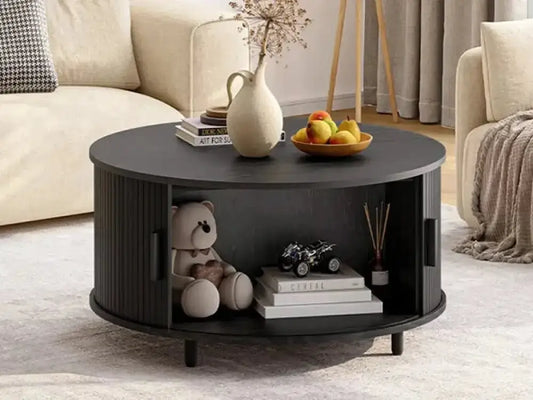 Round Fluted Coffee Table – 360° Sliding Door & Hidden Storage