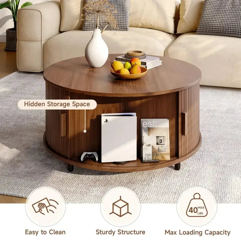 Round Fluted Coffee Table – 360° Sliding Door & Hidden Storage