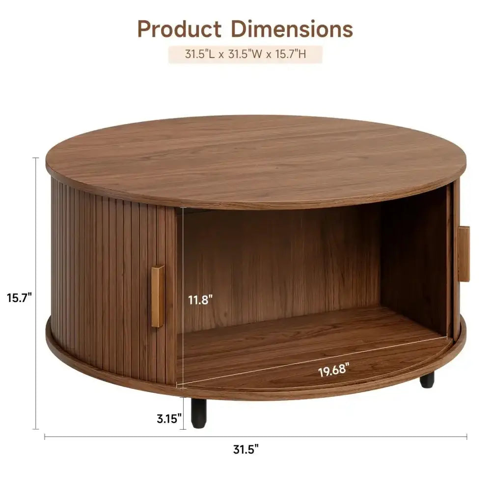 Round Fluted Coffee Table – 360° Sliding Door & Hidden Storage