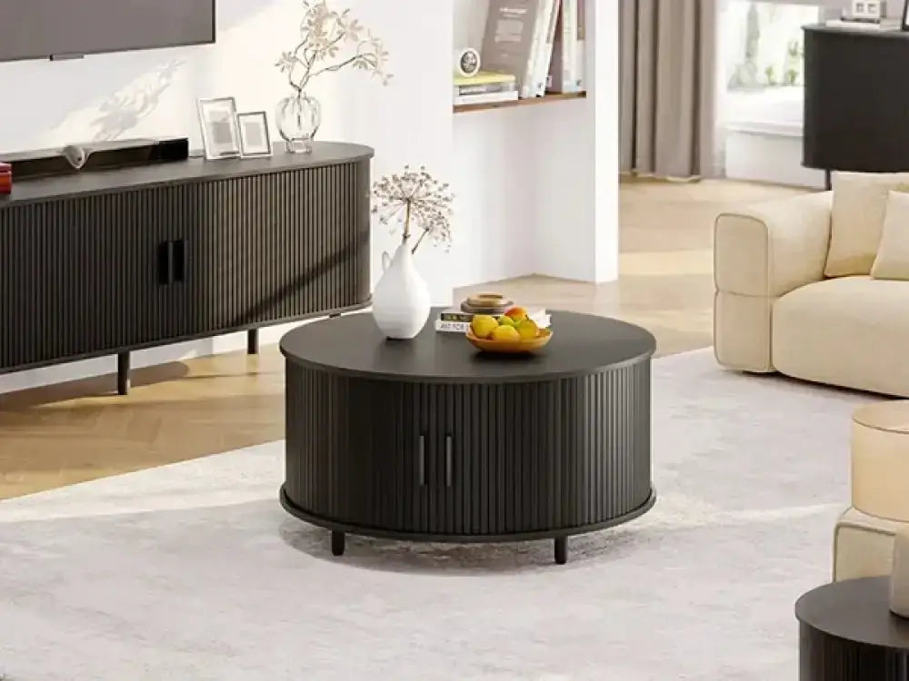 Round Fluted Coffee Table – 360° Sliding Door & Hidden Storage