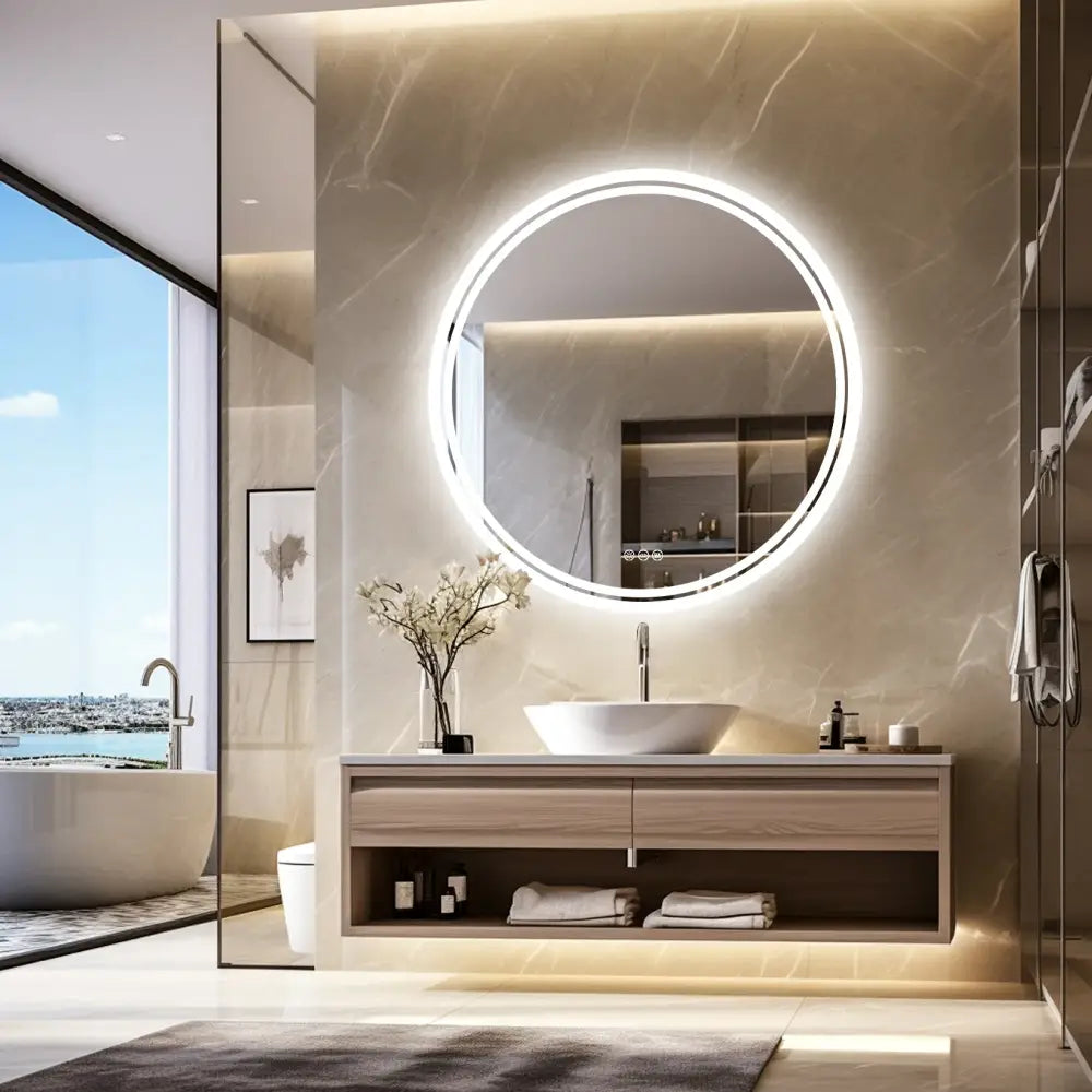 Round LED Backlit Bathroom Mirror Anti-Fog Dimmable Smart Wall Mirror