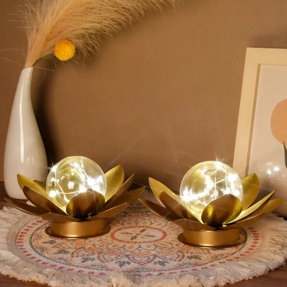 Set of 2 Gold Lotus Table Lamps 6'' Cordless Battery Powered Metal Decor