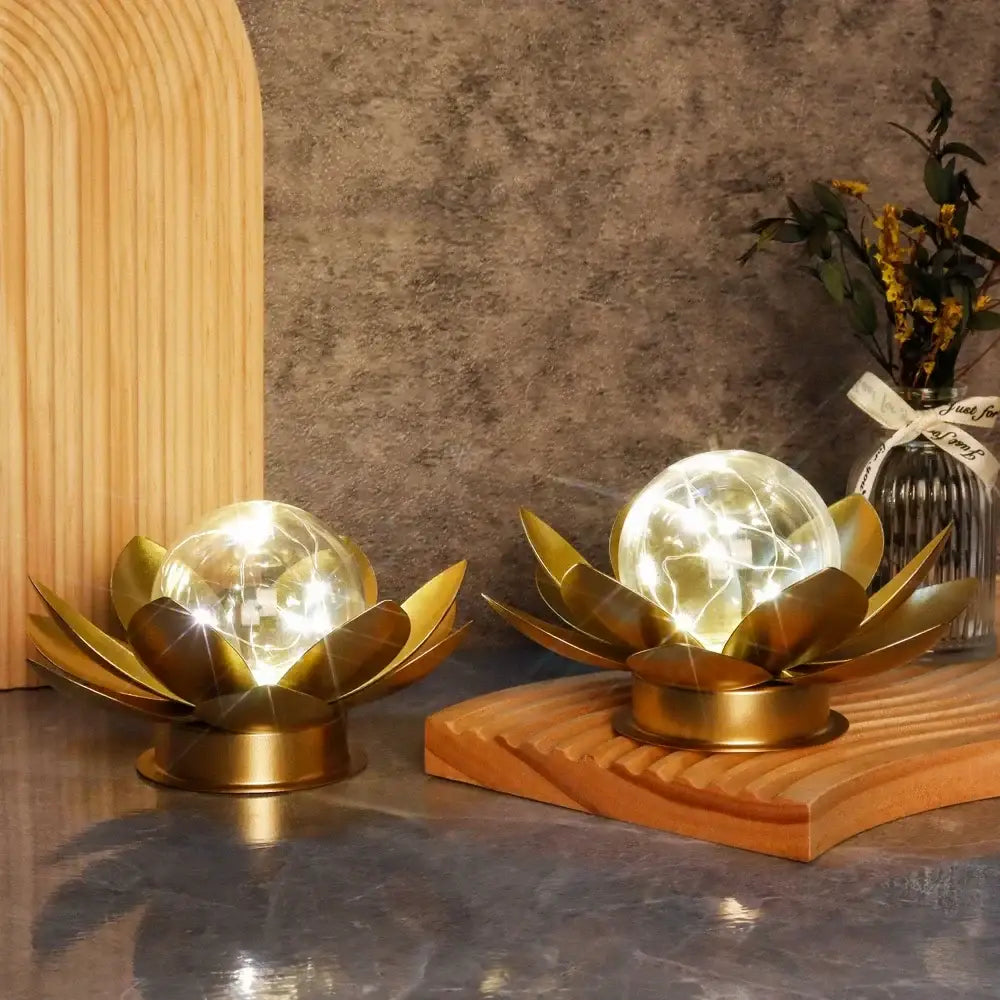 Set of 2 Gold Lotus Table Lamps 6'' Cordless Battery Powered Metal Decor