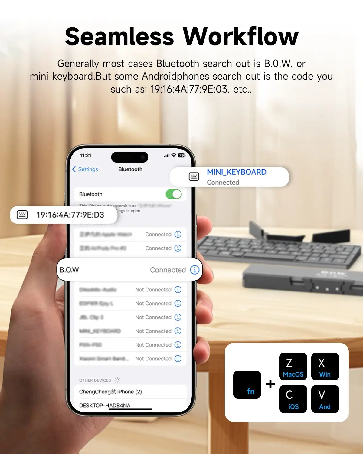 Foldable Bluetooth Keyboard with Stand 3-Device Wireless Mini Keypad