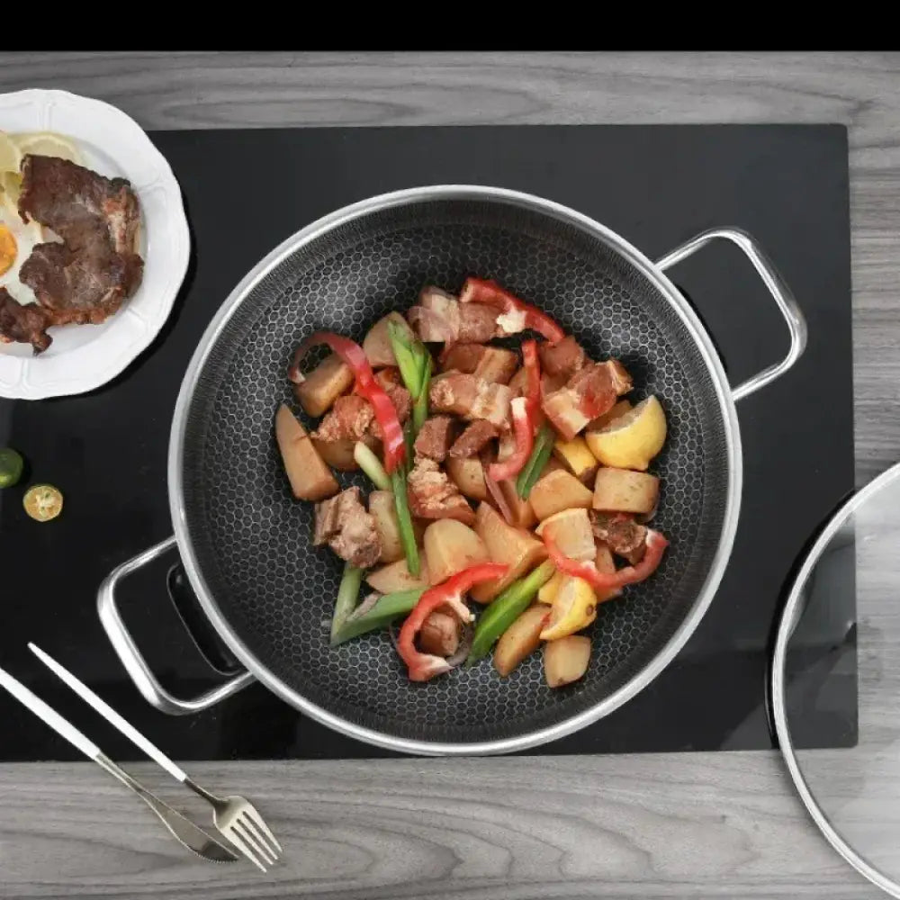 Stainless Steel Frying Pan – Food Grade Non-Stick Honeycomb Wok with Induction & Gas Stove Compatibility