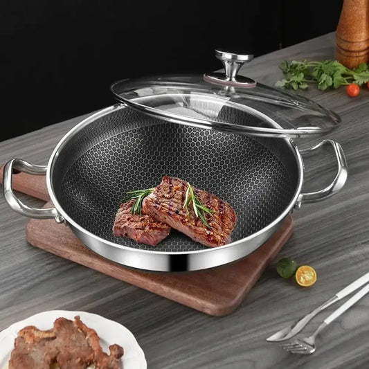 Stainless Steel Frying Pan – Food Grade Non-Stick Honeycomb Wok with Induction & Gas Stove Compatibility