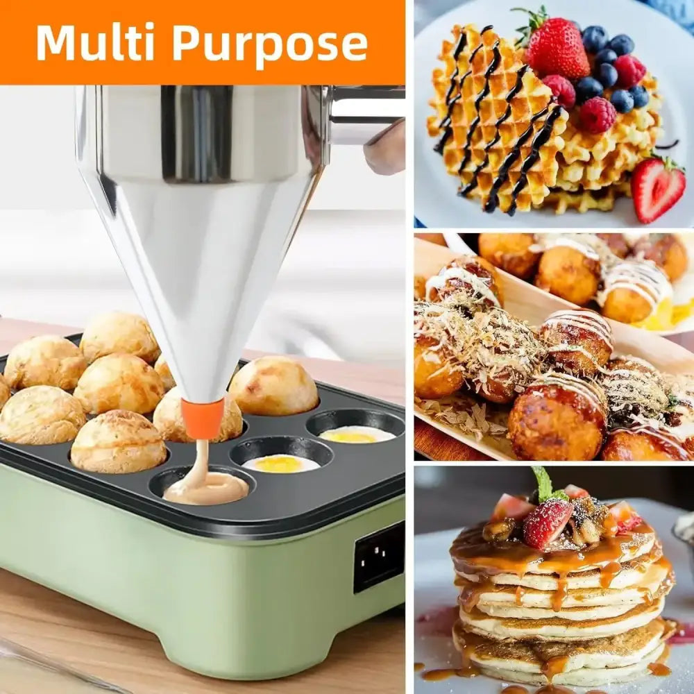 Stainless Steel Pancake Batter Dispenser with 4 Nozzles & Stand – Funnel Cake & Cupcake Maker