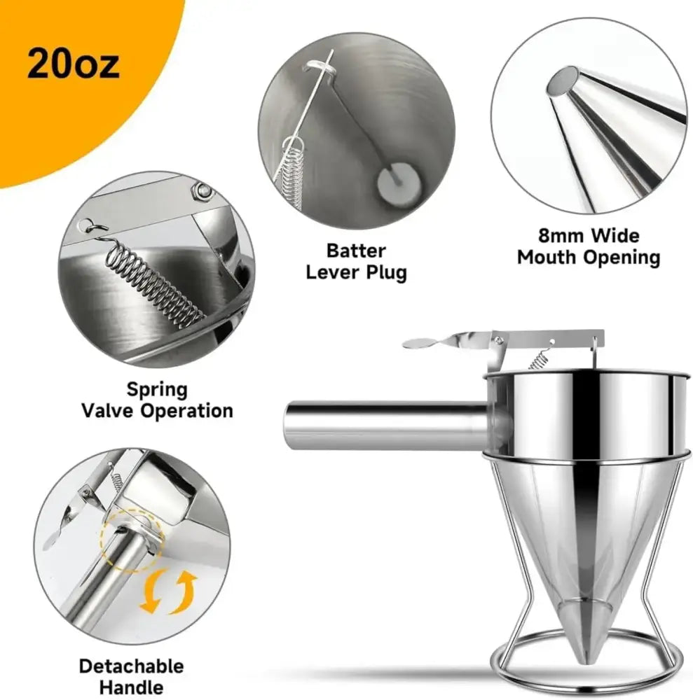 Stainless Steel Pancake Batter Dispenser with 4 Nozzles & Stand – Funnel Cake & Cupcake Maker