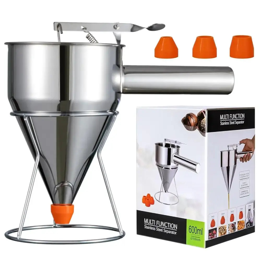 Stainless Steel Pancake Batter Dispenser with 4 Nozzles & Stand – Funnel Cake & Cupcake Maker