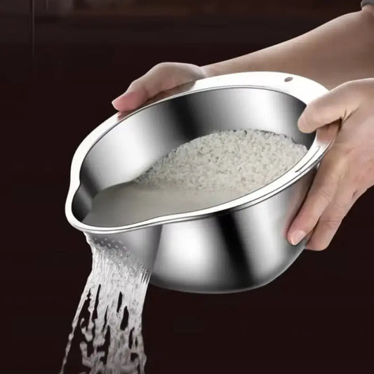 Stainless Steel Rice Washer Strainer Bowl | Multi-Functional Colander Sieve for Rice, Fruit & Vegetables