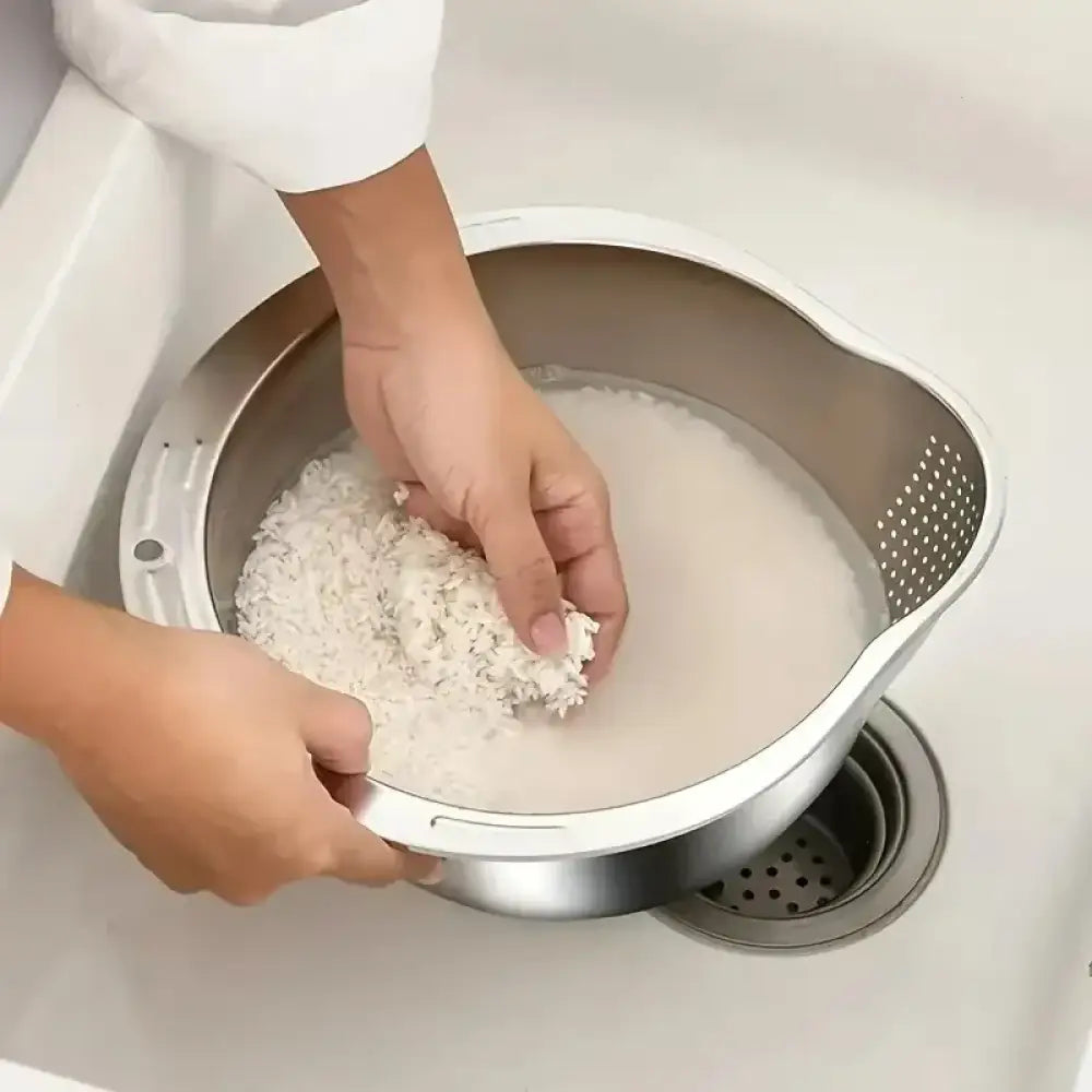 Stainless Steel Rice Washer Strainer Bowl | Multi-Functional Colander Sieve for Rice, Fruit & Vegetables