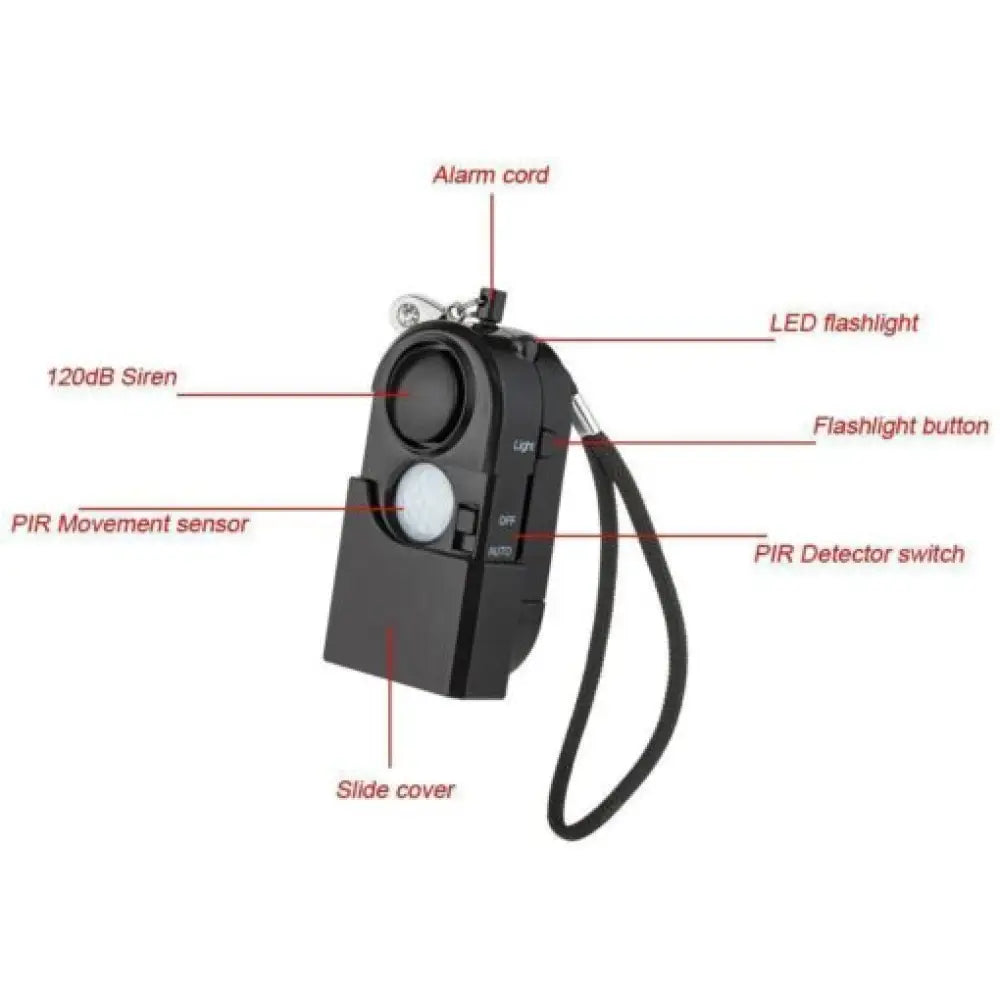Mini PIR Motion Sensor Security Alarm — 120dB SOS Alert with LED Flashlight
