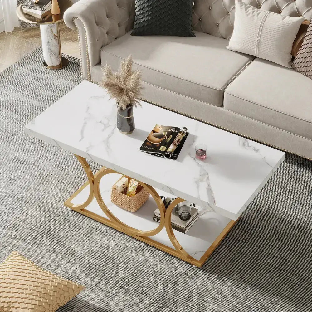 Modern Rectangle Coffee Table – 2-Tier Faux Marble & Gold Legs
