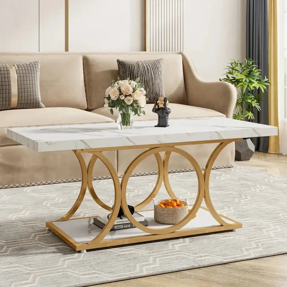 Modern Rectangle Coffee Table – 2-Tier Faux Marble & Gold Legs