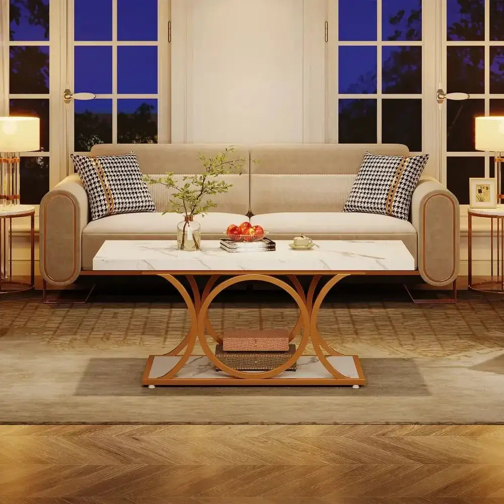 Modern Rectangle Coffee Table – 2-Tier Faux Marble & Gold Legs