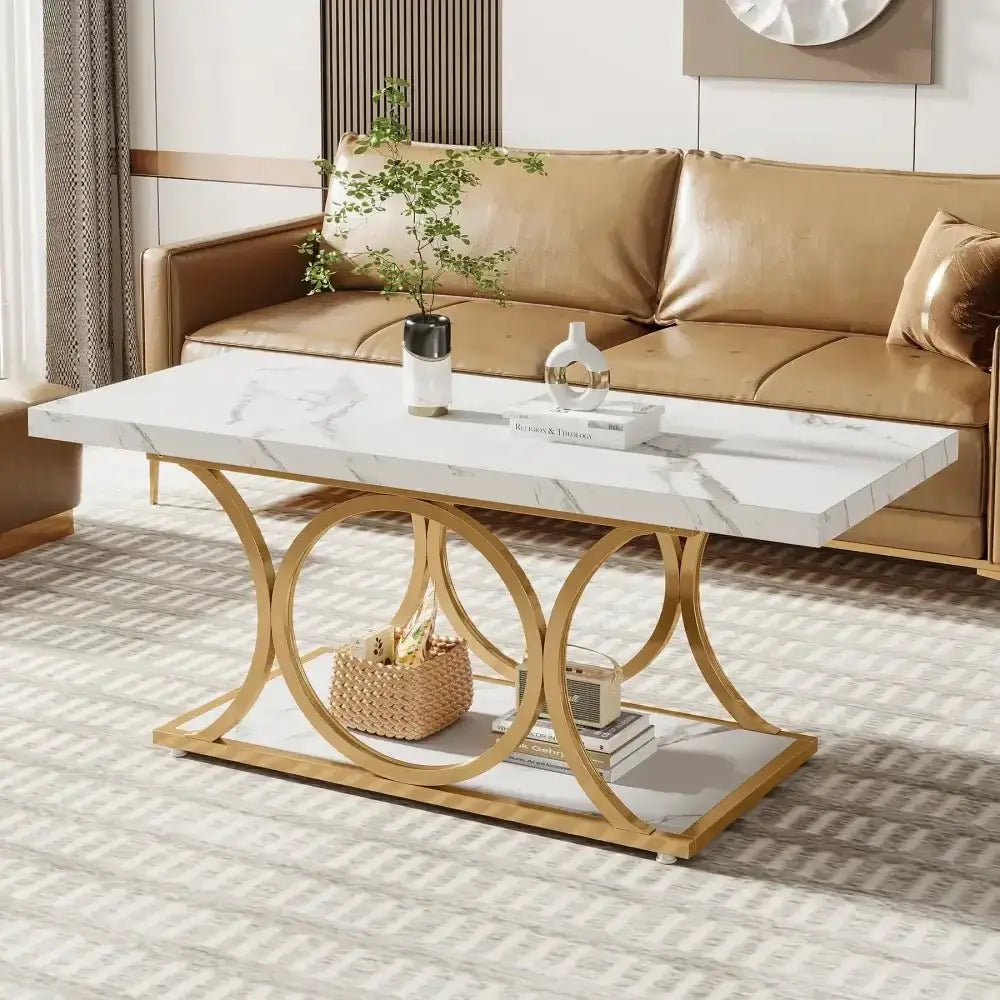 Modern Rectangle Coffee Table – 2-Tier Faux Marble & Gold Legs