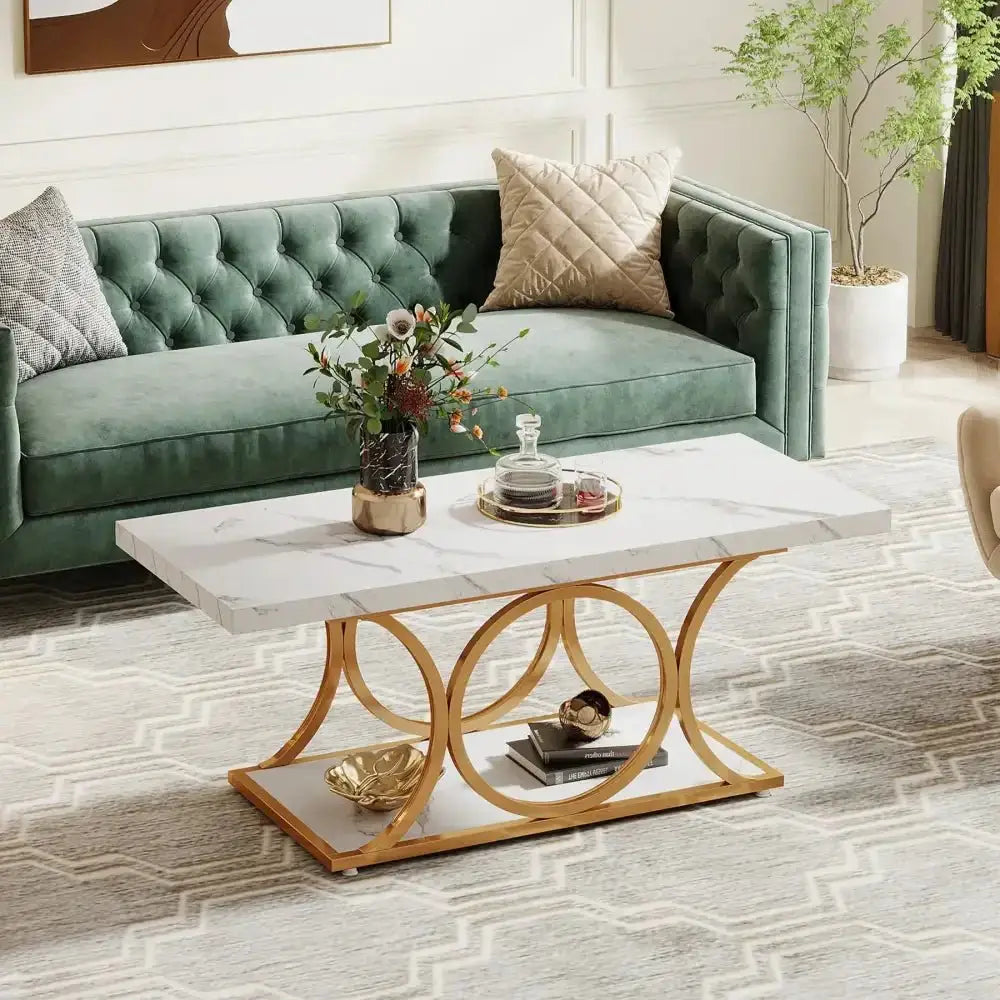 Modern Rectangle Coffee Table – 2-Tier Faux Marble & Gold Legs