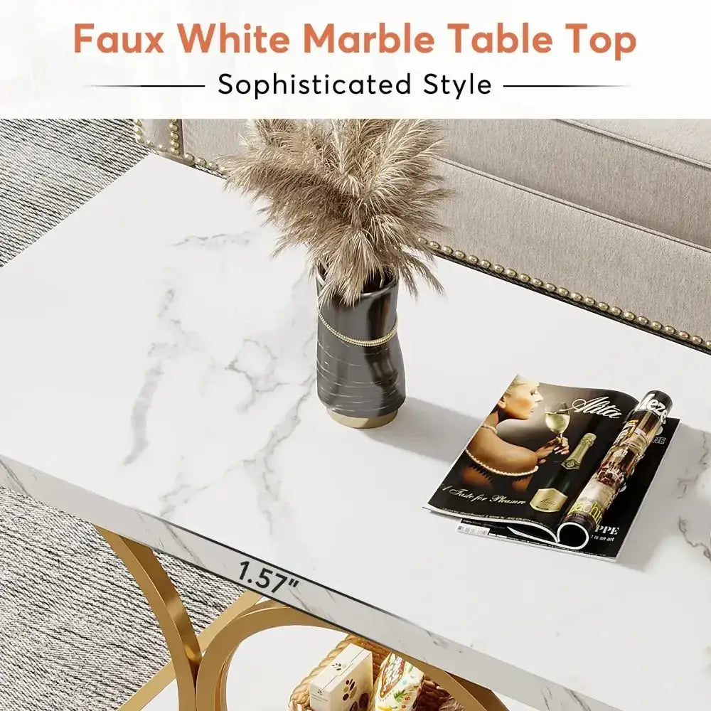 Modern Rectangle Coffee Table – 2-Tier Faux Marble & Gold Legs