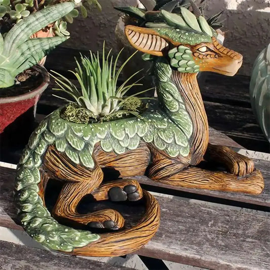 Whimsical Dragon Succulent Garden Statue – 12"H Resin