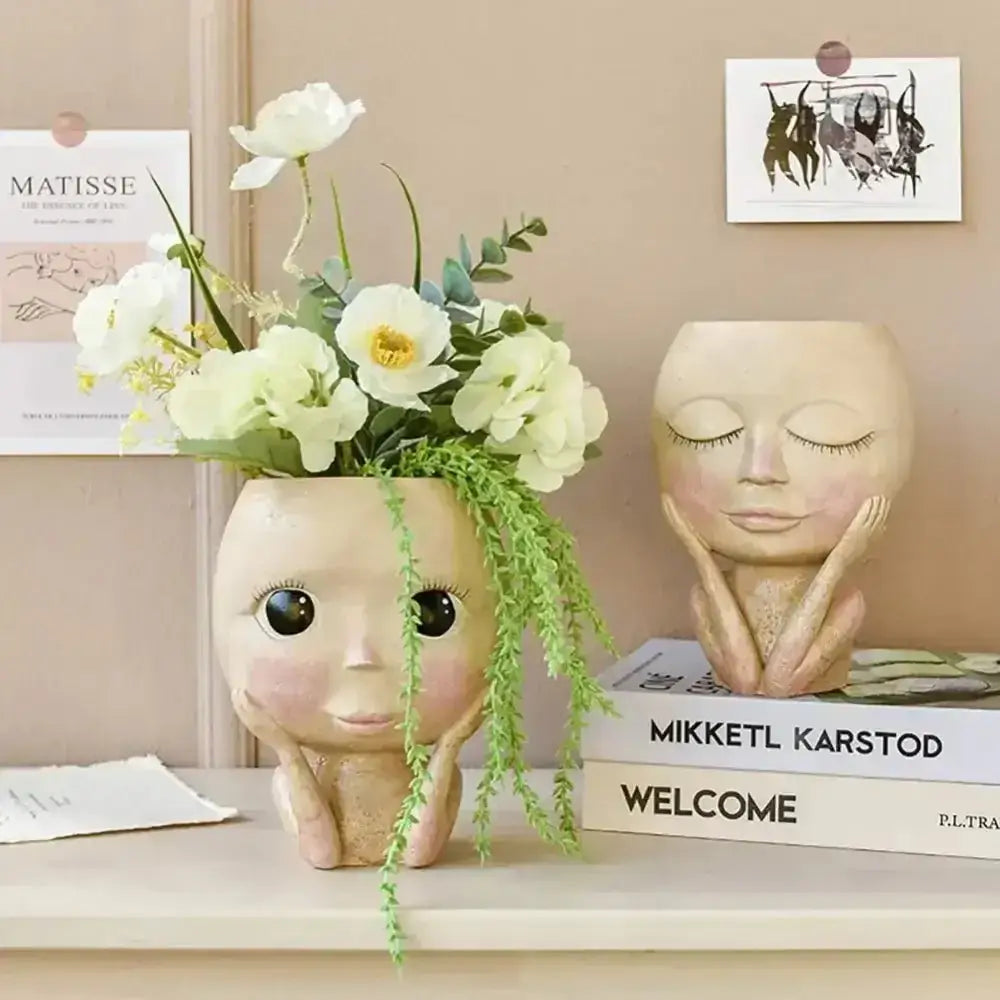 Whimsical Succulent Head Planter – Hand-Painted Resin