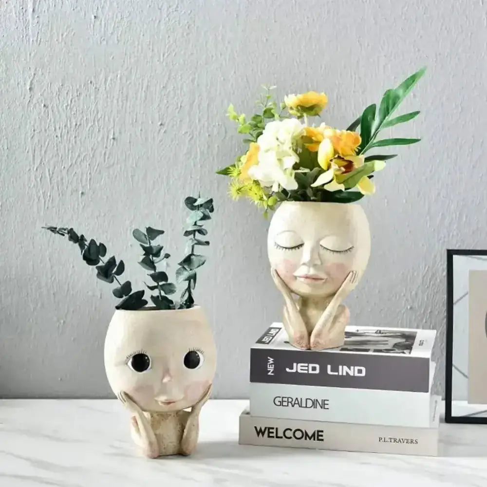 Whimsical Succulent Head Planter – Hand-Painted Resin