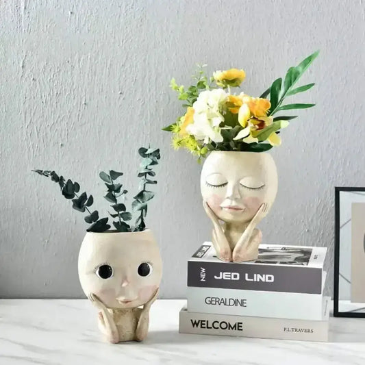 Whimsical Succulent Head Planter – Hand-Painted Resin