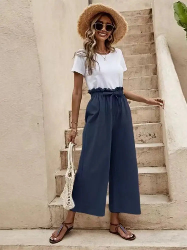 Women's Belted Wide Leg Pants – Elastic High Waist, 6 Colors