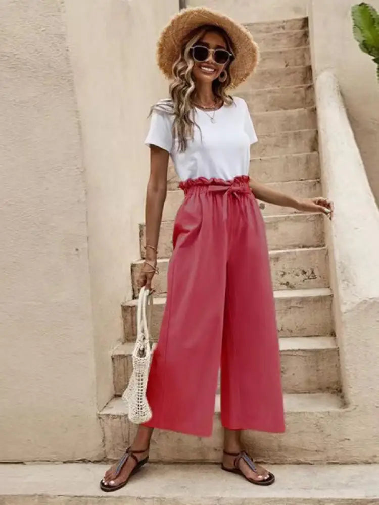 Women's Belted Wide Leg Pants – Elastic High Waist, 6 Colors