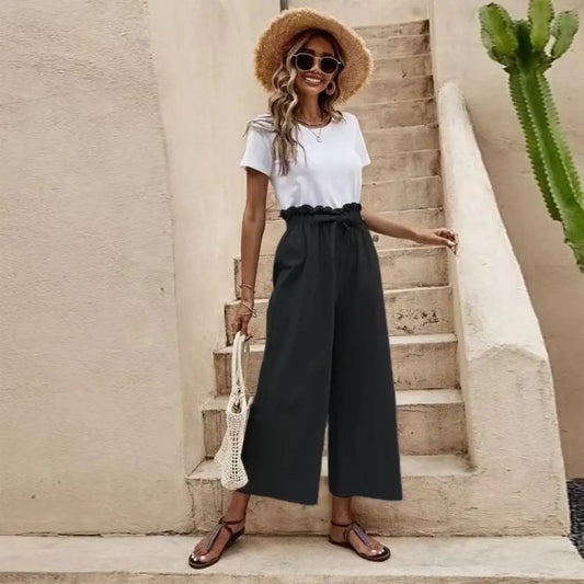Women's Belted Wide Leg Pants – Elastic High Waist, 6 Colors