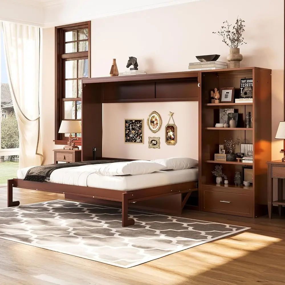 Walnut Queen Horizontal Murphy Bed Wall Bed with Desk & Movable Cabinet