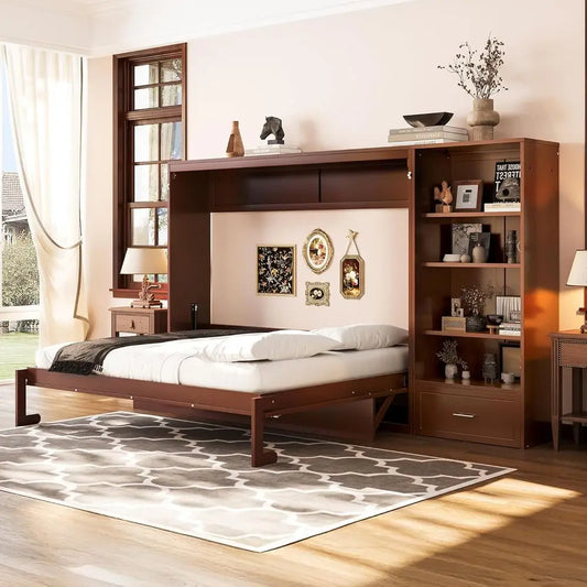 Walnut Queen Horizontal Murphy Bed Wall Bed with Desk & Movable Cabinet