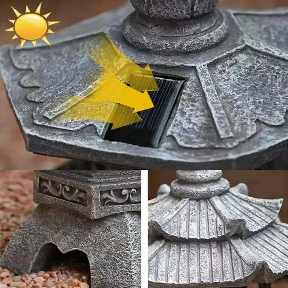 Zen Solar Stone Pagoda Garden Statue Waterproof Outdoor Oriental Lantern Decor